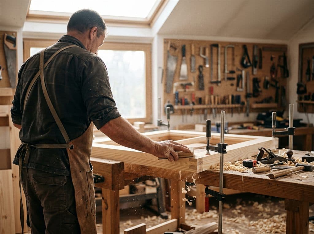 Carpintero de A Guarda fabricando ventana de madera a medida
